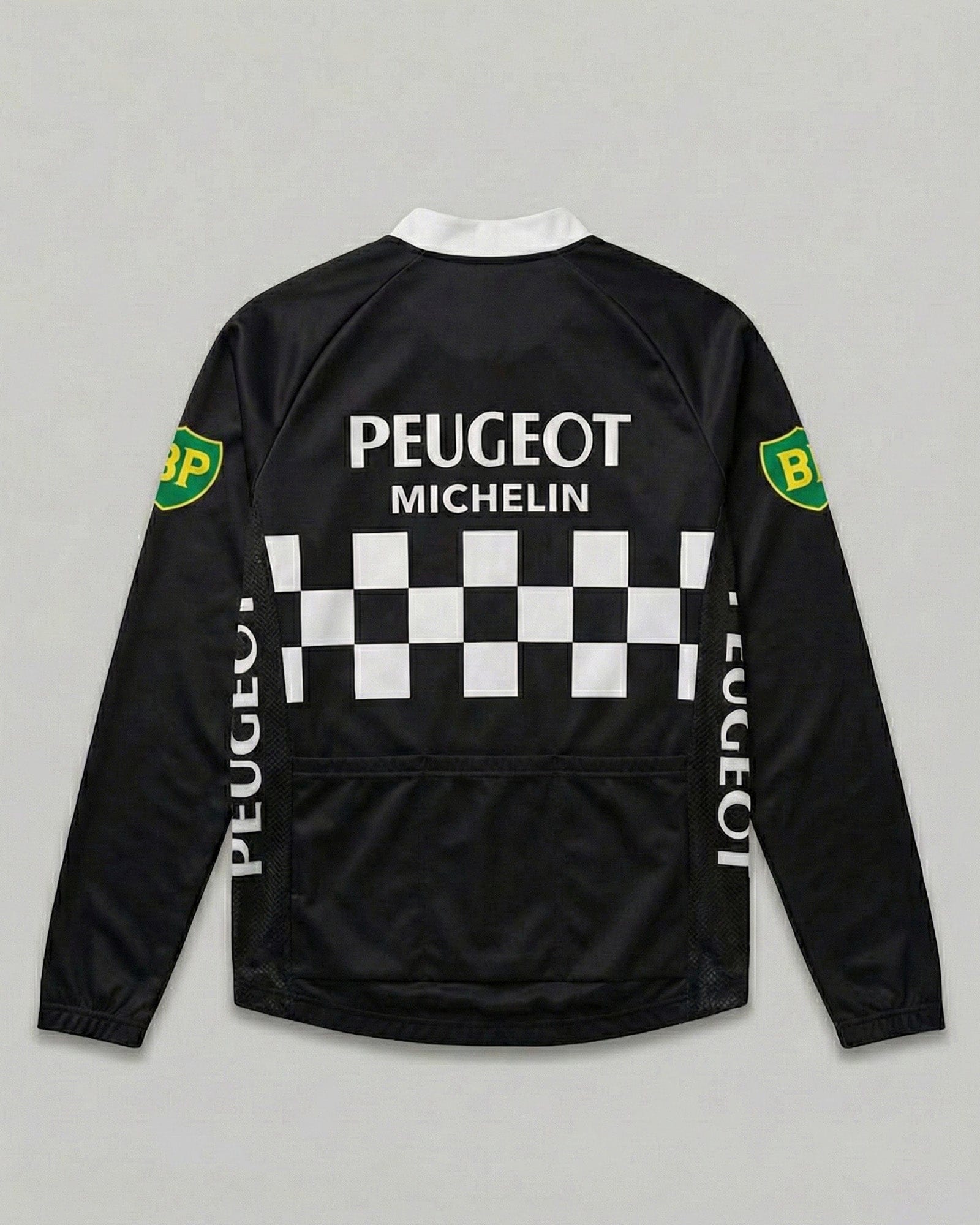 retrolica 1970s Peugeot BP Michelin Black Checkerboard Long Sleeve Retro Cycling Jersey
