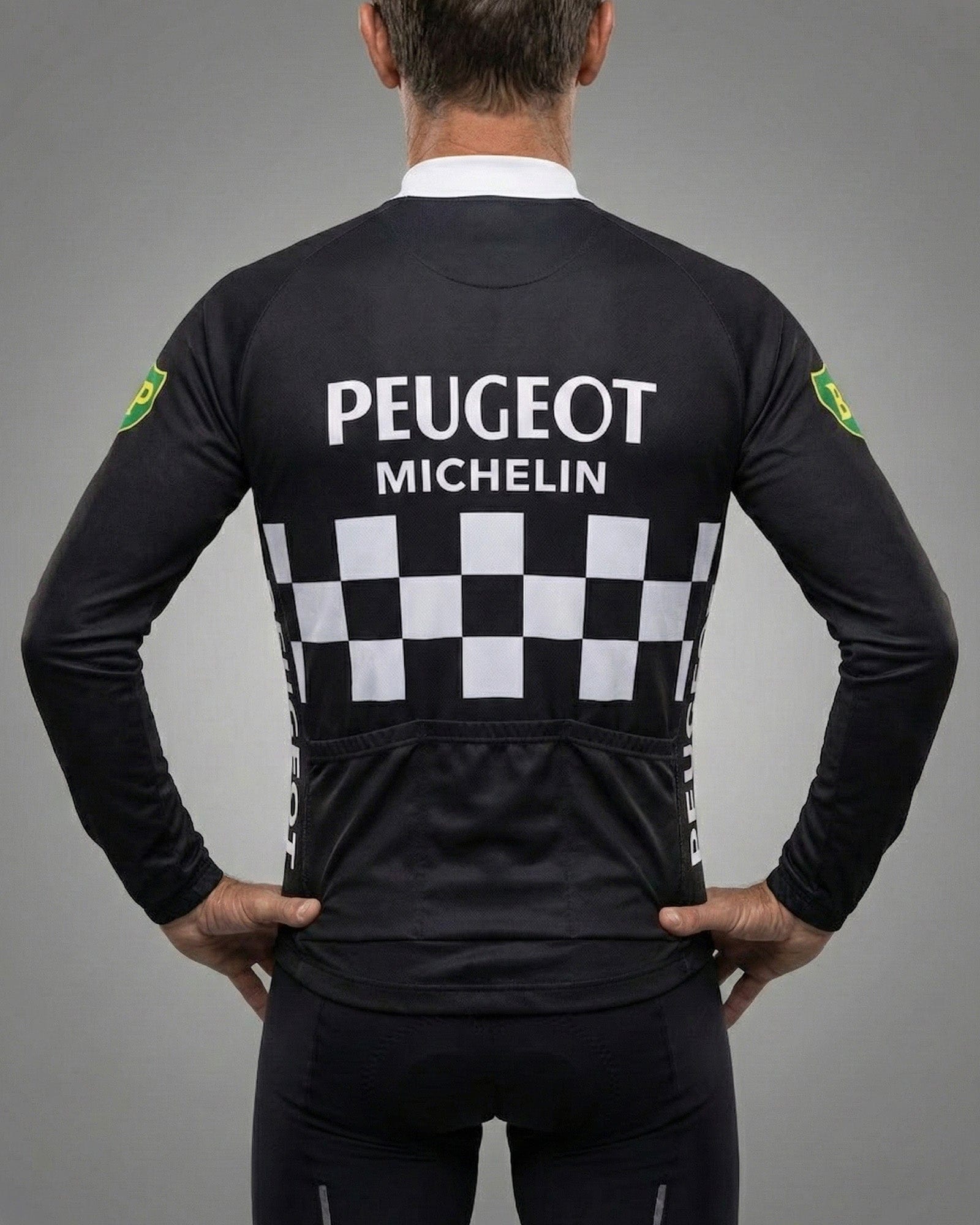 retrolica 1970s Peugeot BP Michelin Black Checkerboard Long Sleeve Retro Cycling Jersey