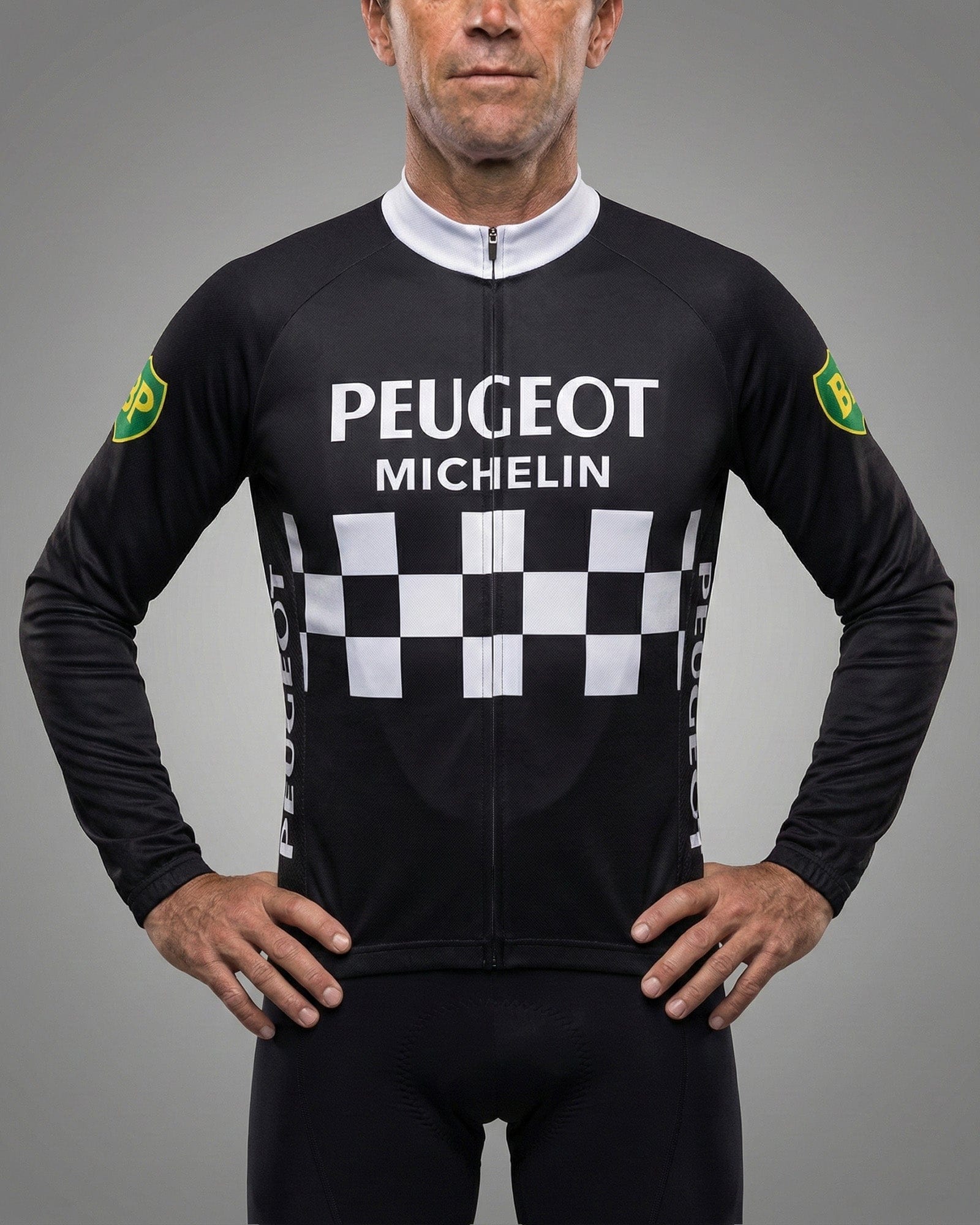 retrolica 1970s Peugeot BP Michelin Black Checkerboard Long Sleeve Retro Cycling Jersey