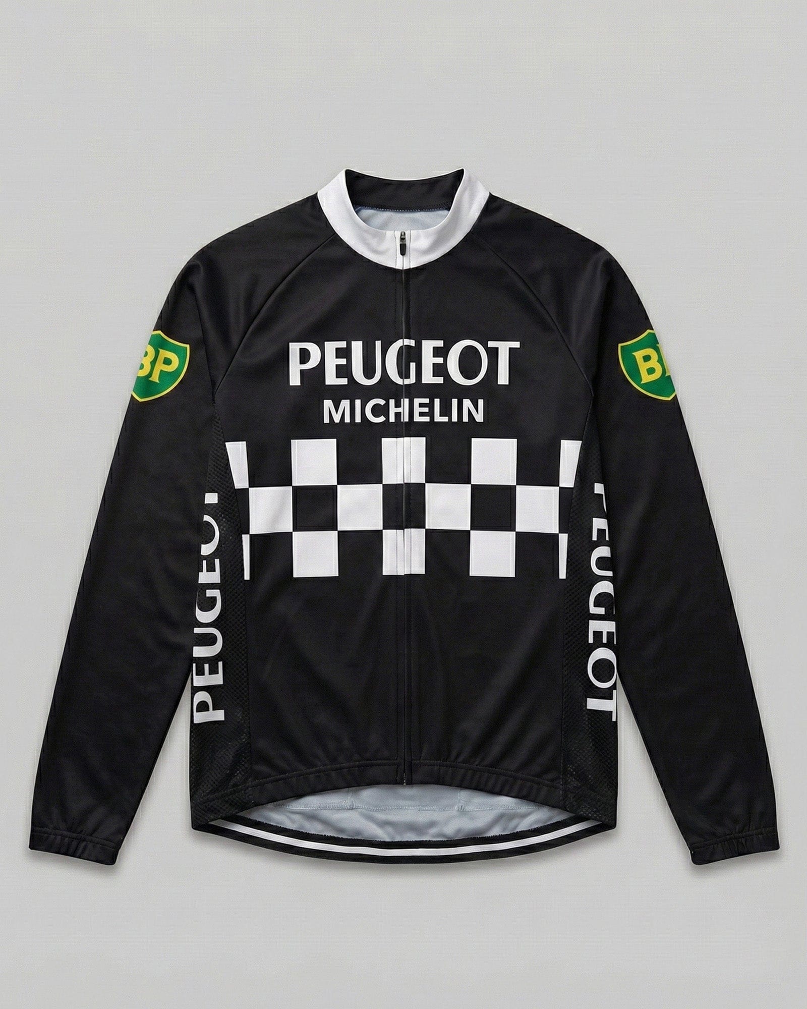 retrolica MEN / XS 1970s Peugeot BP Michelin Black Checkerboard Long Sleeve Retro Cycling Jersey